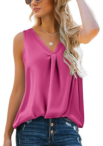 Zeagoo Débardeur Femme Chic et Élégant Satin Camisole avec col en V sans Manche décontracté Basique Blouse Été Tops La Rose Rouge XL