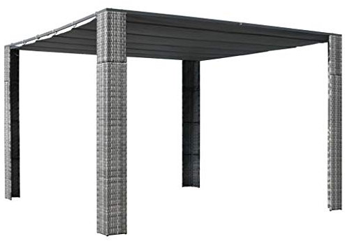 Homgoday Pavillon mit Versenkbarem Dach Terrassenüberdachung mit Schiebedach Gartenpavillon UV-Schutz für Garten Terrassen Überdachung Poly Rattan 300x300x200 cm Grau und Anthrazit