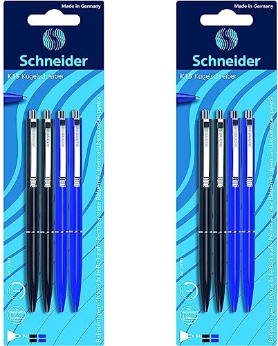 Schneider K 15 Druckkugelschreiber (dokumentenechte Mine - Strichstärke M, Schreibfarbe: schwarz/blau) 4er Blisterkarte schwarz/blau (Packung mit 2)