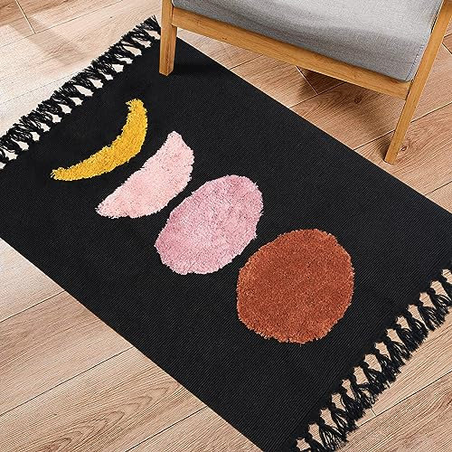 LINROMIA Teppich Klein 60x90 cm, Boho Schwarz Mond Getuftet Baumwollteppich mit Gewebt Quasten, Waschbarer Teppich für Badezimmer Küche Wohnzimmer Schlafzimmer Flur Esszimmer