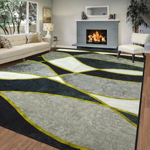 Wohnzimmer Teppich 160x230, Modernes Luxuriöses Schlichtes Waschbarer Teppich Kurzflor Rutschfest Rugs for Living Room Flauschig Dunkelgrünes Vergoldetes Geometrisches Muster Teppich Wohnzimmer
