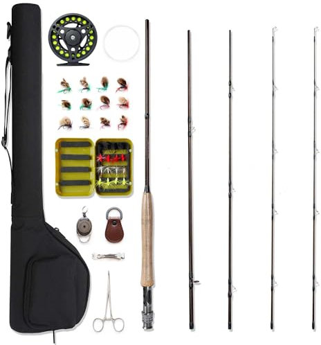 NetAngler Fliegenfischrute und -rolle, Kombi-Anfänger-Set, 4-teiliges Fliegenfischrute mit 1 gratis Rutenspitze, 5 W Aluminium-Fliegenrolle mit Zubehör, Fliegenbox-Etui, Angelfliegen, extra Rückseite
