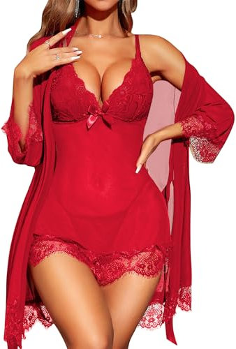 RSLOVE Sexy Lingerie for Women Lace Babydoll with Robe Nightdress Sleepwear Red Small