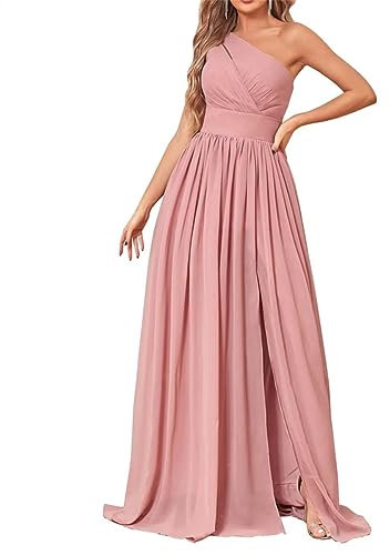 Eine Schulter Brautjungfernkleider lang mit Schlitztaschen Chiffon formelles Kleid für Frauen, Dusty Rose, 52