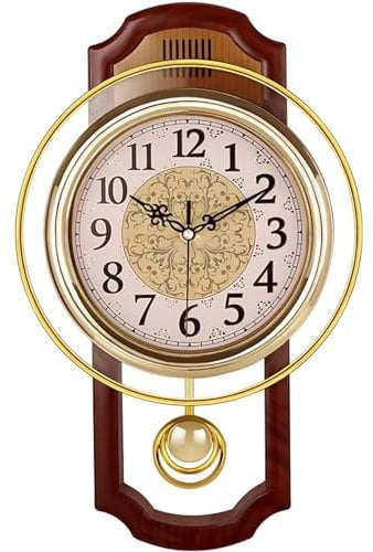 QTQHOME Antique Pendulum Wall Clock, Simulate Wood Grain Vintage Texture, Non Ticking Silent Sweep Movement, Retro Classic Style, Plastic Frame with ABS Glass