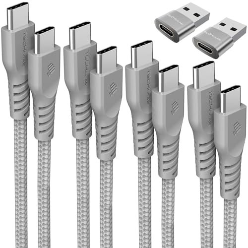 TECHGEAR Câble USB C vers USB C 60 W (Lot de 6) 30cm,1m,2m,3m,2x adaptateurs, Câble tressé de Type C vers C Charge Rapide Compatible avec iPhone 15, iPad Pro, MacBook, Samsung S24/S23/A14/A15 etc