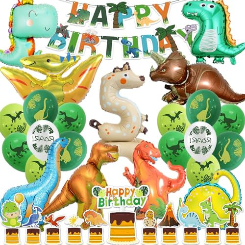 Dino Geburtstag Deko 5 Jahre, Set Party Dino Luftballon Geburtstag 5, Dinosaurier Deko Kindergeburtstag mit 8 Dino Luftballon xxl und Dino Tortendeko Geburtstag Banner (Dinosaurier Geburtstag Deko 5)