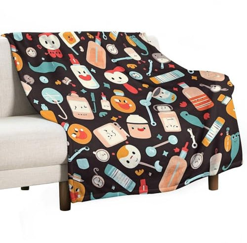 Decke mit Cartoon-Medizin-Druck, Flanell-Überwurfdecke, weich, gemütlich, Campingdecke, leicht, atmungsaktiv, Reisedecke für Bett, Couch, alle Jahreszeiten