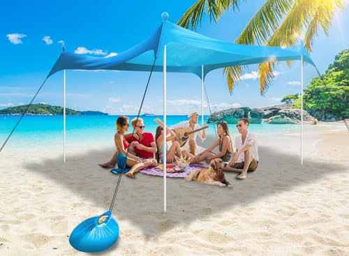 Tenda da spiaggia in lycra 3,0m x 3,0m,Tenda parasole spiaggia portatile,UV UPF 50+ Ombrellone Portatile Anti Sole con 4 aste con sacco di sabbia, ancora, per spiaggia, picnic, pesca, campeggio
