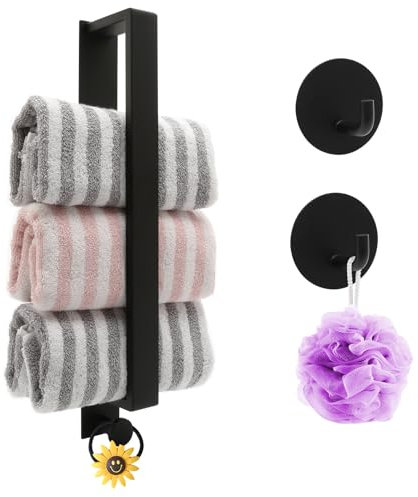 Wall Mounted Black 40cm/15.7in Tea Towel Rail with 2 Hooks - Self Adhesive Small Hand Towel Storage Rack No Drill