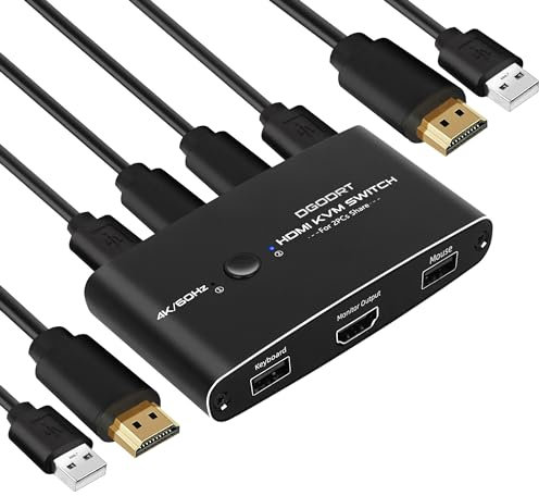 Commutateur KVM HDMI Switch 4K 60Hz 2 Ports 2PC 1 Monitor 2 USB pour 2 Ordinateurs Partageant Clavier, Souris, avec 2 Câbles USB et 2 Câbles HDMI