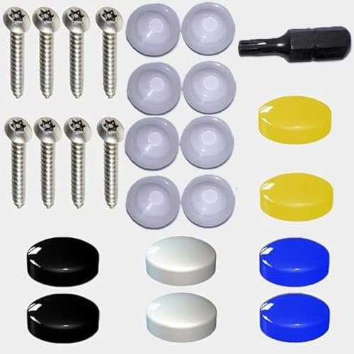 RADSO® Premium Number Plate Anti-Theft Security Screws Cover Kit with Torx Security Bit - 17 Pieces set - Includes BLack, White, Yellow and Blue Colour Plastic Snap Caps