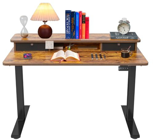 FEZIBO Electric Height Adjustable Standing Desk, 140x60cm, with Double Drawers and Storage Shelf, Rustic Brown