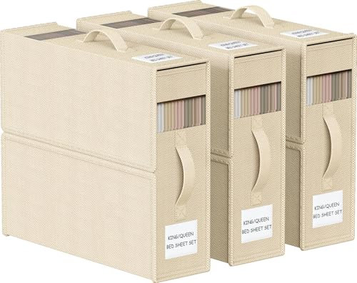 WANGIRL 3 Piezas Caja Organizador Sabanas Armario, Organizador Armario Ropa Lino Plegable para Frazada y Sabanas, Caja de Almacenamiento que se Puede Guardar Debajo de la Cama o en un Cajón - Beige
