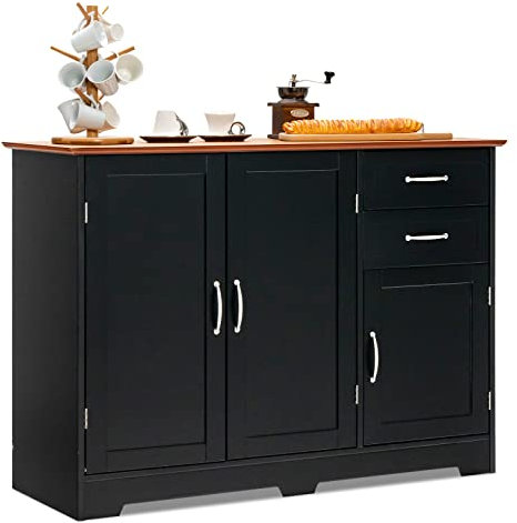 KOMFOTTEU Küchenschrank Buffetschrank, Multifunktionaler Sideboard Aufbewahrungsschrank mit Türen & 2 Schubladen, Kommode Weiß für Küche Esszimmer Wohnzimmer, 100x40x78cm (Schwarz)