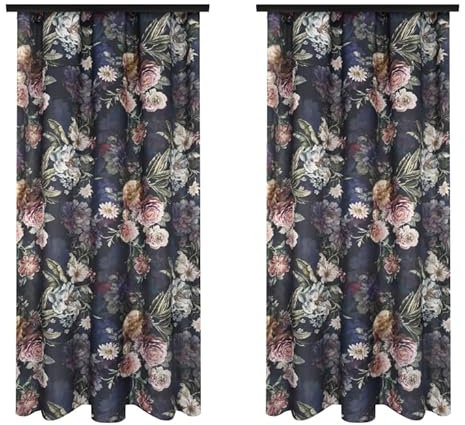 Voppi Dunkle Vorhänge Bunte Blumen 140x240 cm halbverdunkelnd blickdicht Dekovorhänge mit Universal Kräuselband schöne Dekoration für Ihr Zuhause - 2er Set