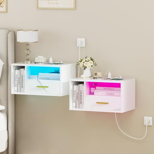 Nachttisch 2er Set Hängend, Nachttisch Wandmontage, Offenes Fach Und Einer Schublade, Leuchte mit 16 Farben, 2 USB Anschlüsse, 2 Steckdosen, Wohnzimmer Schlafzimmer 46.5x30x25.5cm