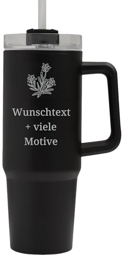 Personalisierter Lifestyle Trinkbecher XXL Groß mit Deckel, Strohhalm - Schwarz, 900 ml - Henkelbecher mit Gravur für unterwegs und daheim - Geschenk zu Geburtstag, Weihnachten, Jubiläum