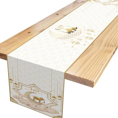 Weiß Gold Eid Mubarak Tischläufer,Eid Mubarak Tischdeko Moschee Tischläufer Tischdekoration Ramadan Mubarak Tischdeko für Muslim Islamisch Party Dekoration 180 x 35cm