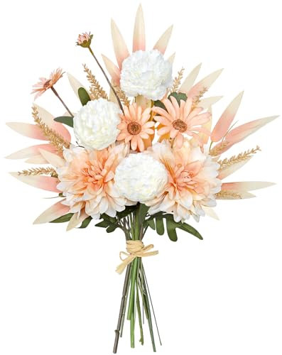 DEMIUKO Kunstblumen Dahlien Blumen Künstliche Pflanzen Champagner Kunstblumenstrauß Peonien Blumendeko Seiden Blumen Brautstrauß Blumenarrangement Gänseblümchen Deko für Hochzeit Zimmer Büro Zuhause
