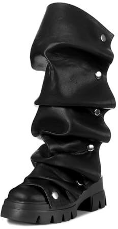 Accloris Black Mid Calf Boots For Women,Fold Over Slouchy Platform Dress Chunky Stacked Round Toe Glitter Metallic Boots,size 8