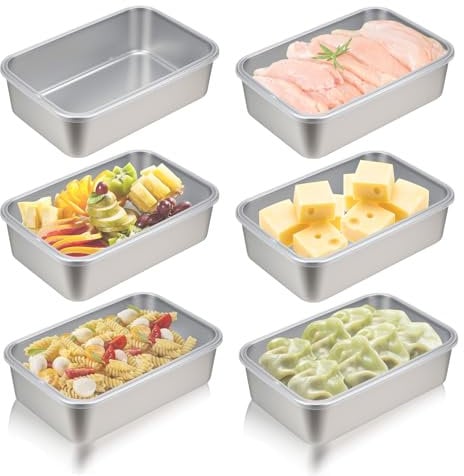 Mulaibdin 6 Pcs Stainless Steel Deli Containers, Bacon Cheese Storage for Fridge, Cold Meat Containers with Lid, Meal Prep Containers Reusable, Food Containers for Pasta,Celery, Microwave Safe (M)