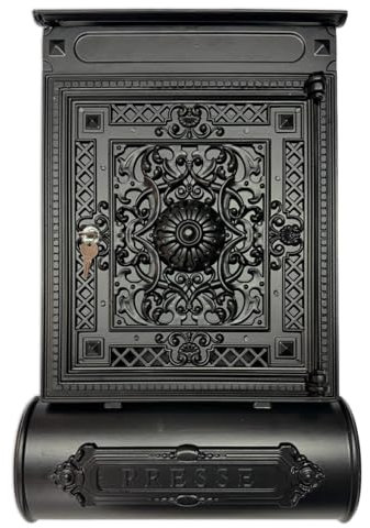 Stelling Vintage Briefkasten mit Zeitungsfach und Sichtfenster - Wetterfester Postkasten Anthrazit - Unikat Wandbriefkasten aus Aluminiumguss - Antike Briefkästen Retro (Schwarz- Matt)