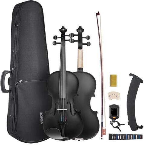 VEVOR Violin 4/4 Full Size for Adults, Violin Fiddle Set for Beginners Student with Hard Case, Rosin, Bow, Shoulder Rest, Bridge, Tuner and Extra Strings, Professional Solidwood Instruments (Black)