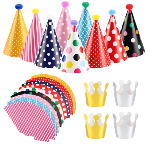 YiliYa Chapeau Anniversaire Cône Chapeaux,Kit Chapeau Anniversaire Enfant Chapeau de Fête d'Anniversaire en Papier Mini Chapeaux de Fête pour Enfants Adultes 33 Pièces