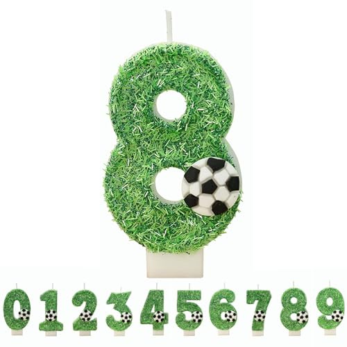 Gleemix 3D Ggeburtstagskerzen Fußball Zahlen 8, Grün Gras Zahlenkerze Glitzernde, Cake Topper 8. Geburtstag für Geburtstag Junge Mädchen, Sport-Themed Party, Firmenfeiern, Jubiläen