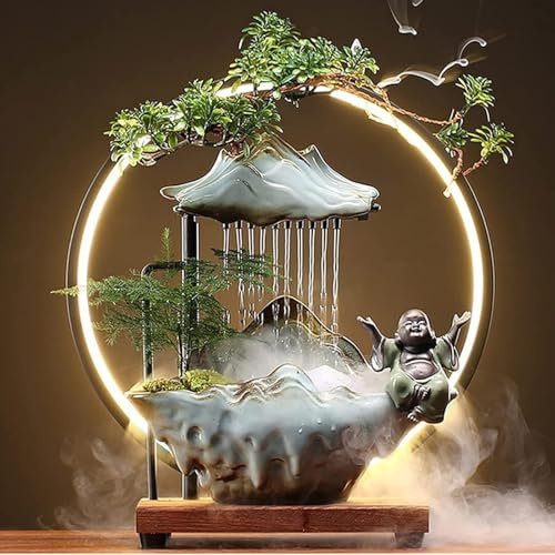 VLFLG Fontana decorativa a cascata a forma di Buddha, fontana decorativa a LED per interni, per meditazione, con decorazione giapponese con piante finte, decorazione Feng Shui per ricchezza fortunata