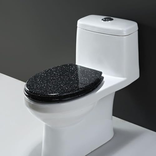 Black 18.5-Inch Elongated Toilet Seat, Silent Soft-Close, Zinc Alloy Hinges, High-Strength Resin Material, Marble Texture, Non-Slip&Beautiful, Easy to Install and Clean, Compatible with Most Toilets