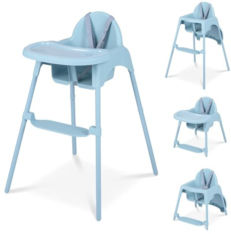 COSTWAY 4 in 1 Hochstuhl Baby, Kinderhochstuhl mit 2 Höhen, abnehmbarem Doppeltablett, Sicherheitsgurt & umkehrbarer Fußstütze, Babystuhl aus Metall, Babyhochstuhl für Kinder von 6-36 Monaten (Blau)