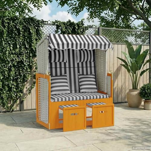 LoogCape Strandkorb mit Kissen aus Poly Rattan und Massivholz, Weiß Grau, 115 x 55 cm, mit Sonnendach und 3-Fach Verstellbarer Rückenlehne, für Strand Garten Terrasse