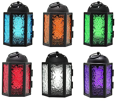 Vela Lanterns Mini kleine 4,5 Zoll große marokkanische Laterne aus Metall, dekorativer Kerzen-Teelichthalter für Tafelaufsätze, Heimdekoration, Hochzeiten, Sortiert, 6er-Set