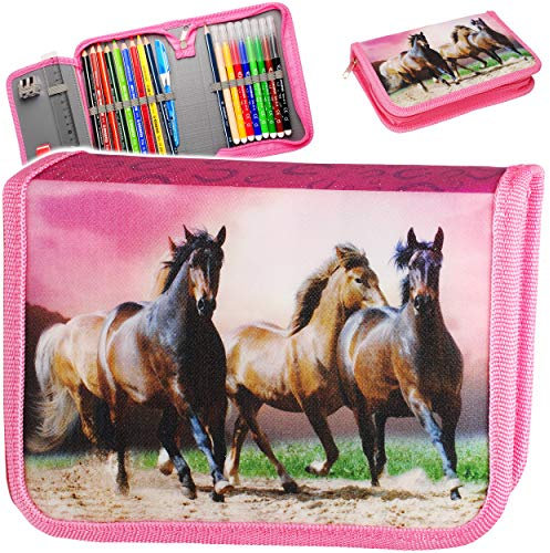 alles-meine.de GmbH 3D - Glitzer Effekt - 24 TLG. Set - Federmappe gefüllt - Pferde/Tiere im Galopp - Schüleretui - mit STAEDTLER Stiften und Lineal - Federtasche - für Kin..