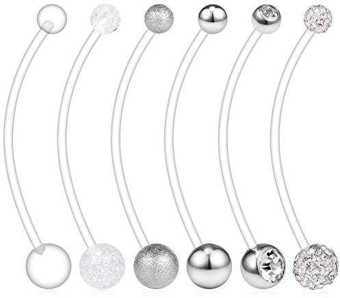 AceFun 6er Schwangerschaftspiercing Bauchnabelpiercing Bauch Stecker Schwangerschaft Flexibel Kunststoff Bioflex Banane Piercing 14G 1,6mm 38mm Silber
