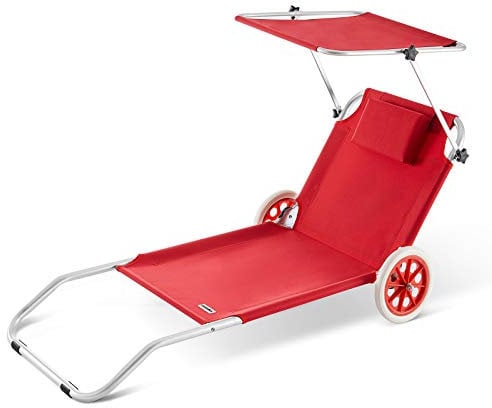 Casaria® Sonnenliege Klappbar mit Dach Strandliege mit Rollen Tasche Outdoor Klappliege Liegestuhl Abnehmbarer Sonnenschutz Liegestuhl 115kg Rot