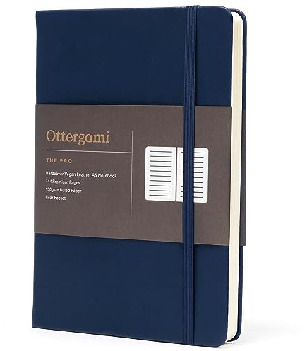 Ottergami A5 Notebook Hardback - The Pro Lined Journal - 144 Pages, Thick 150gsm Paper Note Book - Luxury Vegan Leather Journals for Women & Men - Work & University Essentials (Blue)