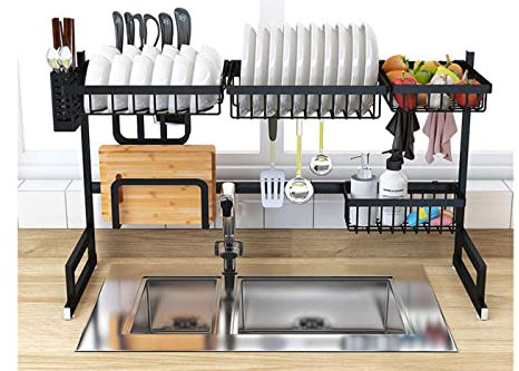 YASTA Scolapiatti da Appoggio Gocciolatoio Nero per Lavello Griglia Porta Utensili da Cucina Organizer Salvaspazio