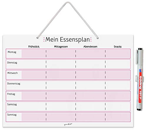 Mein Essensplaner zum Aufhängen in DIN A4 I Whiteboard Planer für die ganze Woche I abwischbar I Rosa I mit Aufhängung, Stifthalter und Stift I dv920