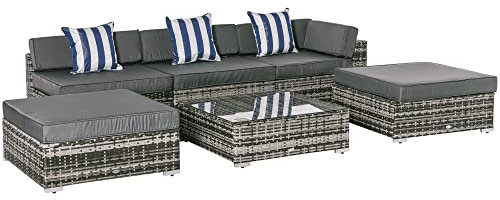 Outsunny 6 Pieces Rattan Garden Furniture Set, 5 Seater Garden Sofa Set with Thickened Cushions, Glass Top Coffee Table and Ottomans, Outdoor Sectional Conservatory Furniture with Pillows, Grey