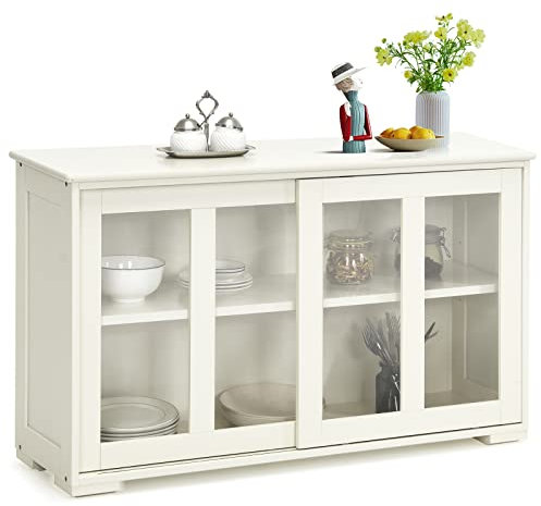 RELAX4LIFE Buffet de Cuisine 2 Portes Coulissantes en Verre, 2 Couches Réglables, Meuble Rangement Contemporain pour Chambre Salon, 107x33x64cm (Blanc Laiteux)