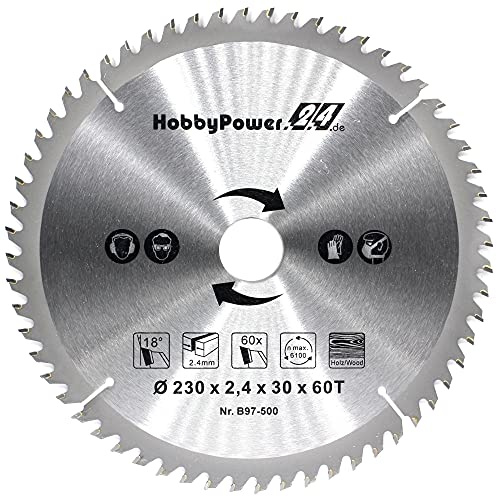 Kreissägeblatt Sägeblatt Hartmetall für Holz Tischkreissäge Kappsäge Gehrungssäge 230 x 30 mm 60 Z Zähne + 3 Reduzierringe auf 24,4mm, 20mm und 16mm