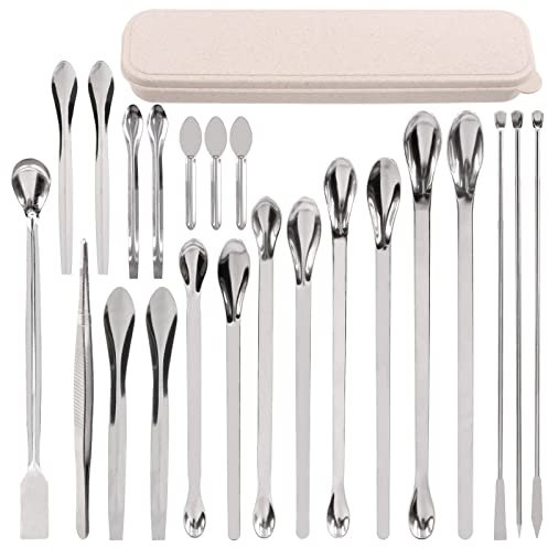 Tanstic 23Pcs Stainless Steel Lab Spatula Micro Scoop Set Including 22pcs 7cm 16cm 18cm 20cm 22cm Laboratory Tiny Mixing Spatula Scoop Measuring Spoon Long Sampling Spoon with 1Pair Gloves