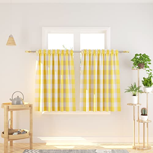 Natus Weaver Buffalo Karierte Küchen-Vorhänge, 91,4 cm lang, kariert, Gingham-Stangentasche, Klassische Café-Vorhänge, Landhausstil, Küche, Kurze Vorhänge, 2 Paneele, Gelb und Weiß