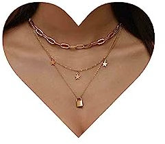 Allereya Boho Layered Padlock Star Choker Necklace Gold Lock Pendant Necklace Tiny Star Dangle Necklace Punk Chunky Paperclip Chain Necklace Jewelry for Women and Girls