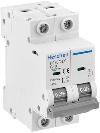 Heschen Disjoncteur miniature CC HSB6C-DC, 2 pôles, DC500 V 40 A, disjoncteur photovoltaïque, pour système solaire PV, système de grille de panneaux solaires, montage rail DIN 35 mm