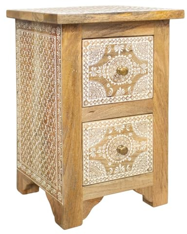 Nachttisch Indisches Nachtschränkchen aus Mangoholz mit Zwei Schubladen Oriental Schlafzimmer Natur Weiß 60 cm