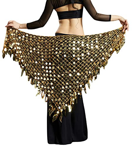 Geagodelia Damen Bauchtanz Hüfttuch mit Pailletten Mesh Triangle Wrap Rock Kostüm mit Münzen Karneval Rock Taille Kette für Frauen Quaste Gürtel Bottoms (Gold, One Size)